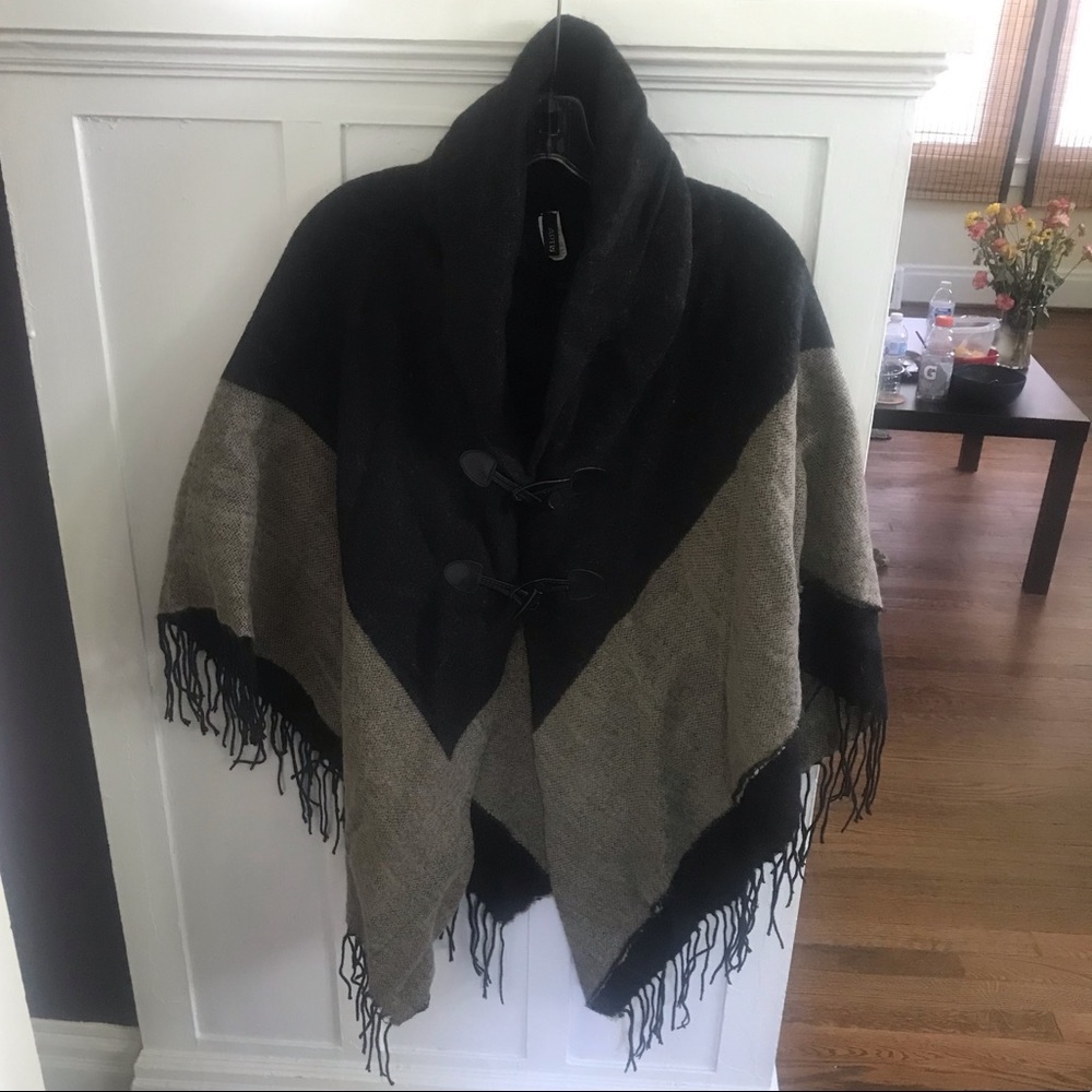 Tan and black Shawl with clasps
